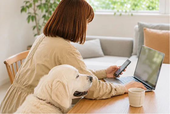 自宅で犬のそばに座りメール相談をする女性
